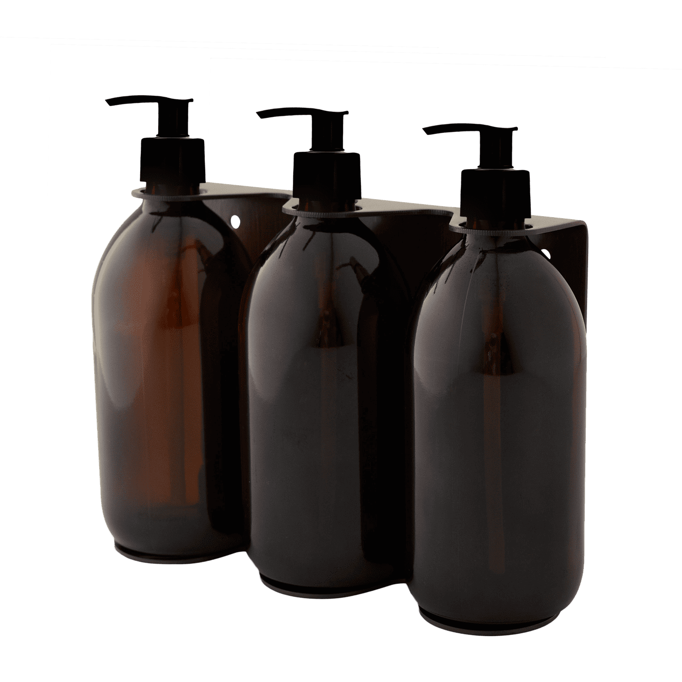 Triple distributeur de savon mural avec flacons verre ambré et pompe plastique noire.