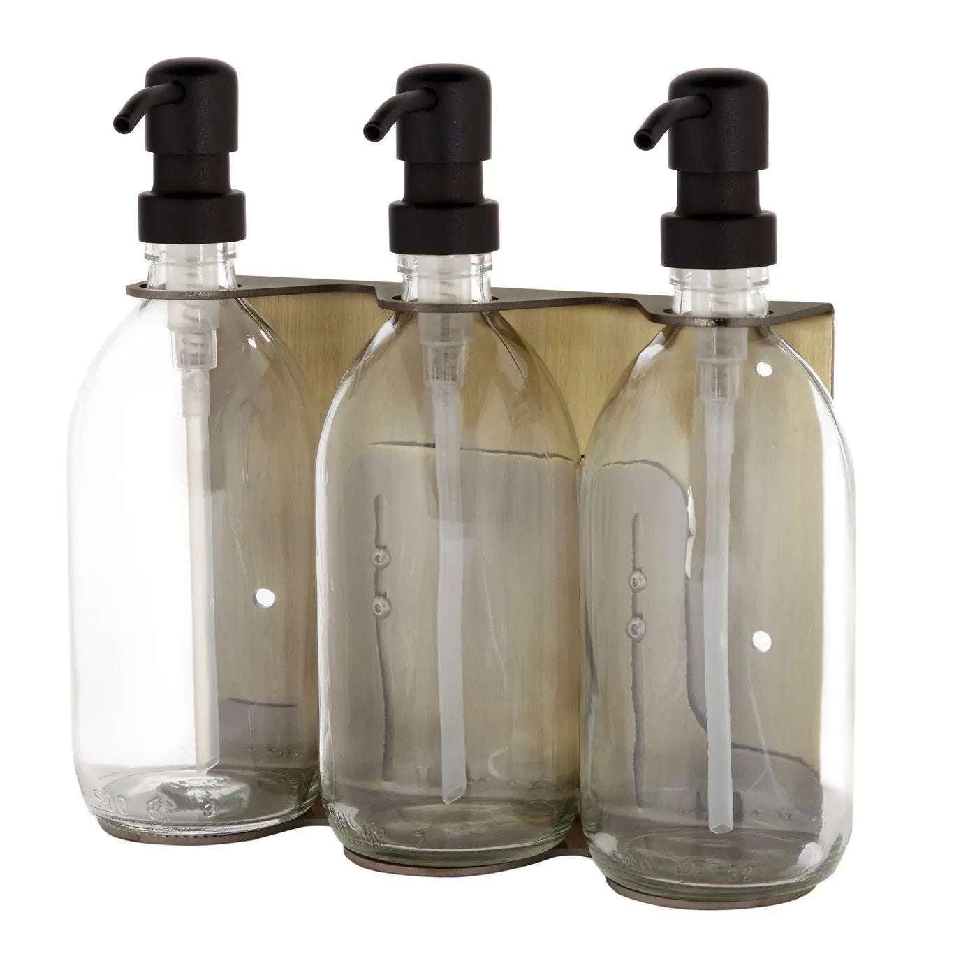 Triple distributeur de savon mural avec flacons verre transparent et pompe noire.