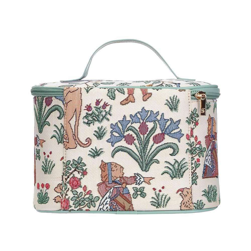 Trousse de toilette et à maquillage avec anse en tapisserie motifs Alice au pays des merveilles vue de dos.